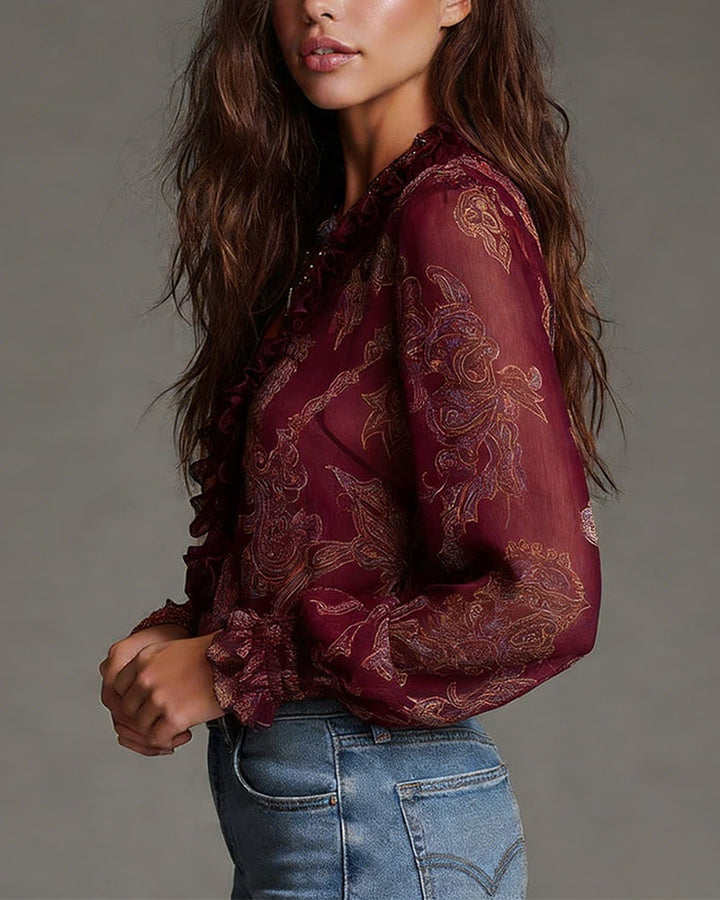 Blouse Demi-Zip Volant Rétro